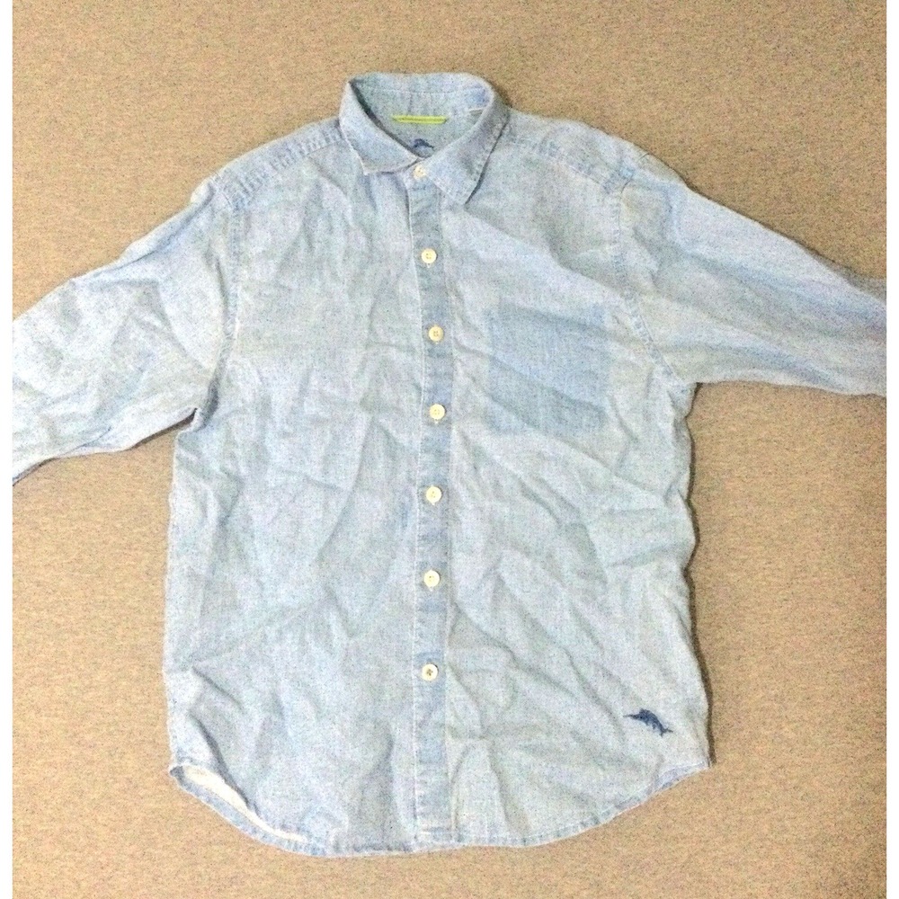 Tommy Bahama 100% Linen Shirt Men's S/P Blue Button Up Beach no pocket
